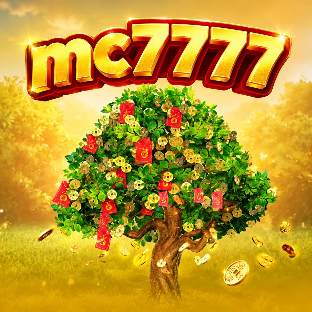 mc7777 Fortune Tree menampilkan pohon berdaun lebat dengan hiasan angpao merah dan koin emas